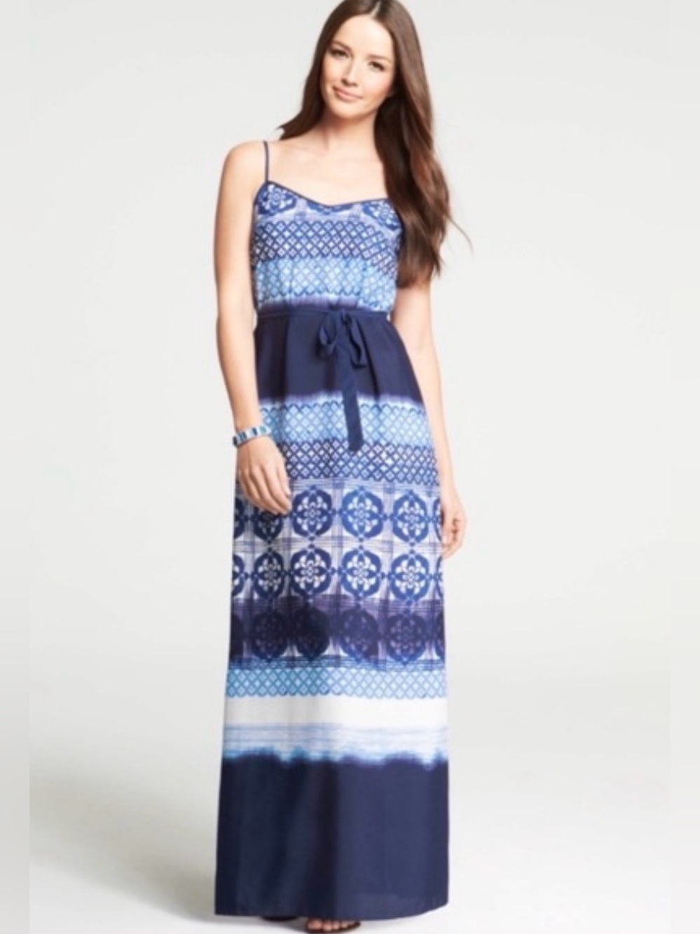 Ann Taylor Navy and Light Blue Patterned Spaghetti-Strap Maxi Dress size 8P